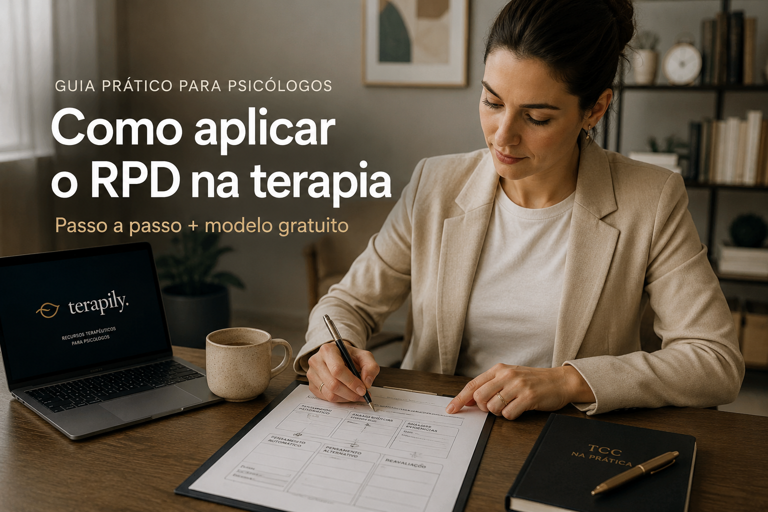 Psicóloga utilizando um Registro de Pensamentos Disfuncionais (RPD) durante uma sessão de Terapia Cognitivo-Comportamental.