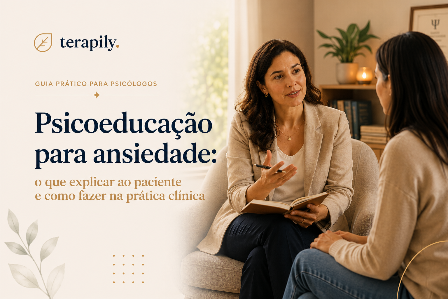 Psicóloga explicando modelo cognitivo ao paciente durante psicoeducação para ansiedade em sessão de Terapia Cognitivo-Comportamental.