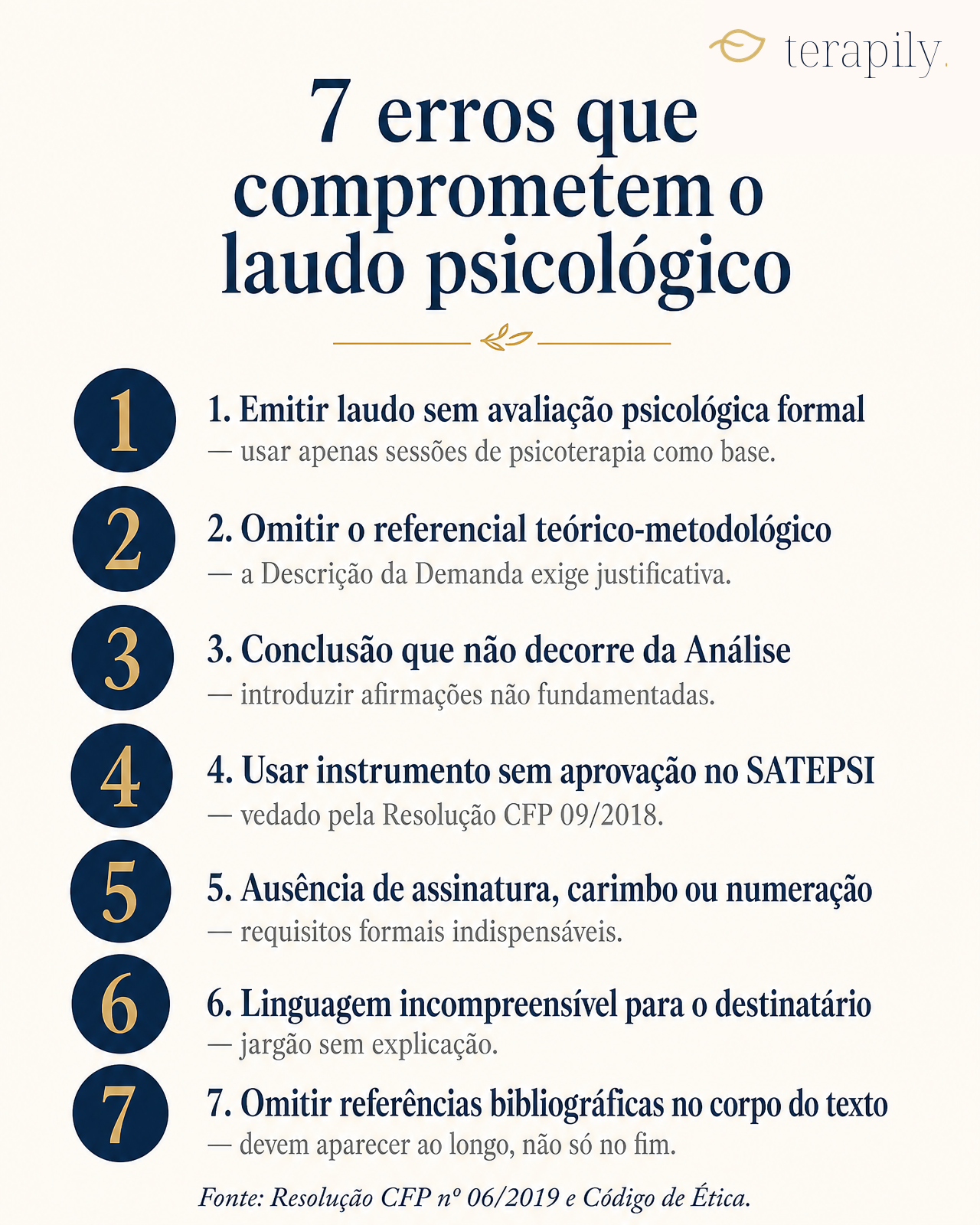 Infográfico com os 7 erros que comprometem o laudo psicológico