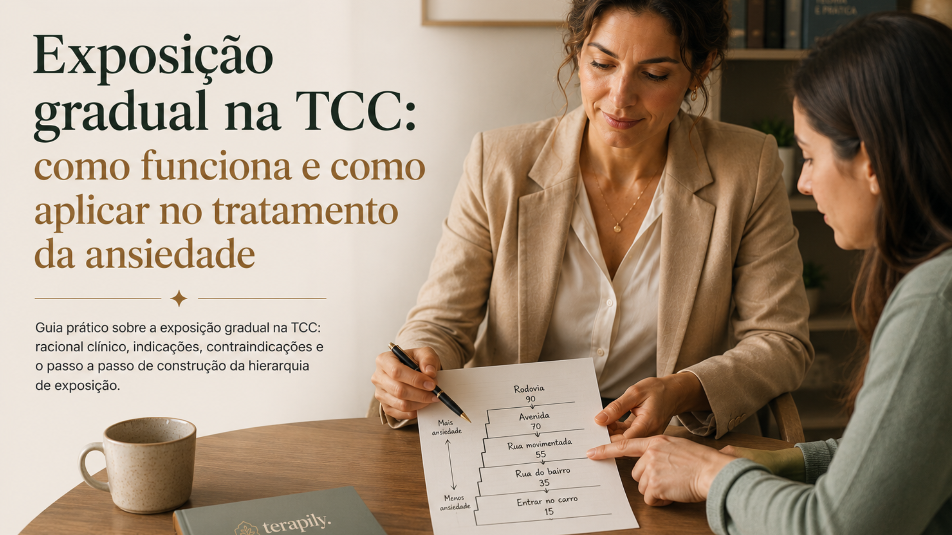 Psicóloga conduzindo sessão de terapia cognitivo-comportamental com foco em exposição gradual