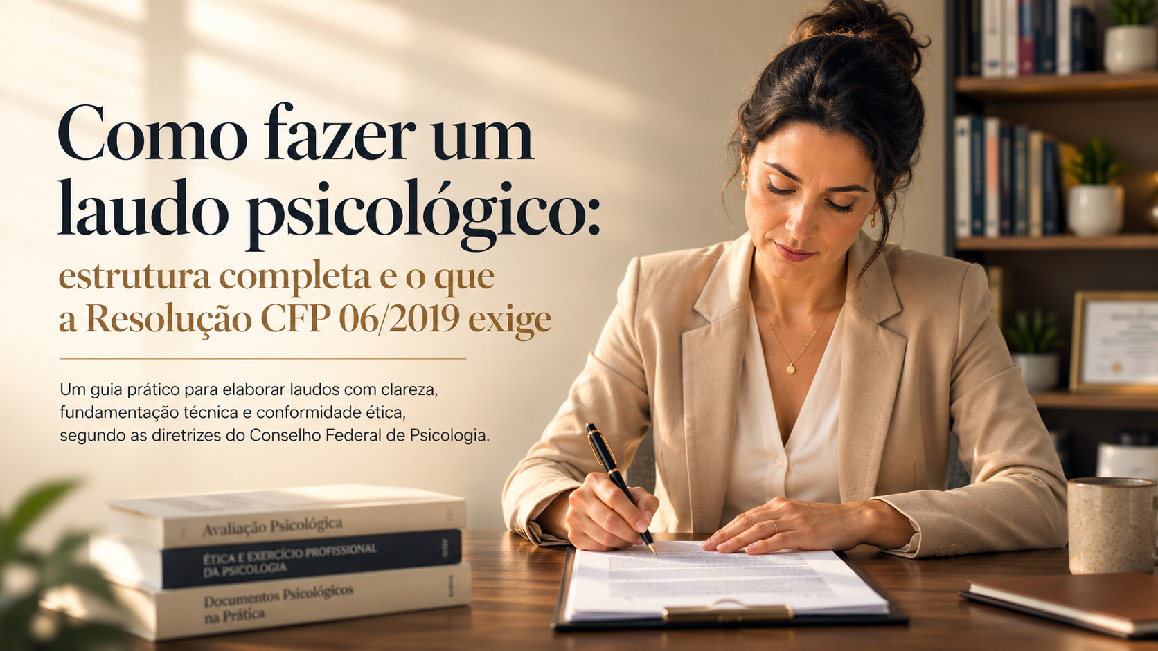 Psicóloga redigindo laudo psicológico conforme estrutura obrigatória da Resolução CFP nº 06/2019