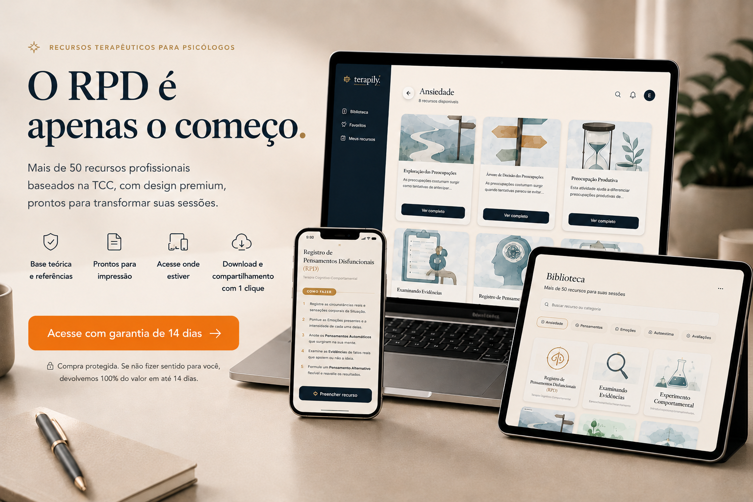 Biblioteca da Terapily com mais de 50 recursos terapêuticos para psicólogos, incluindo Registro de Pensamentos Disfuncionais (RPD), exercícios de TCC e materiais clínicos baseados em evidências. Biblioteca de recursos terapêuticos para psicólogos | Terapily. A Terapily reúne recursos terapêuticos, exercícios e materiais clínicos baseados na Terapia Cognitivo-Comportamental para apoiar a prática de psicólogos.