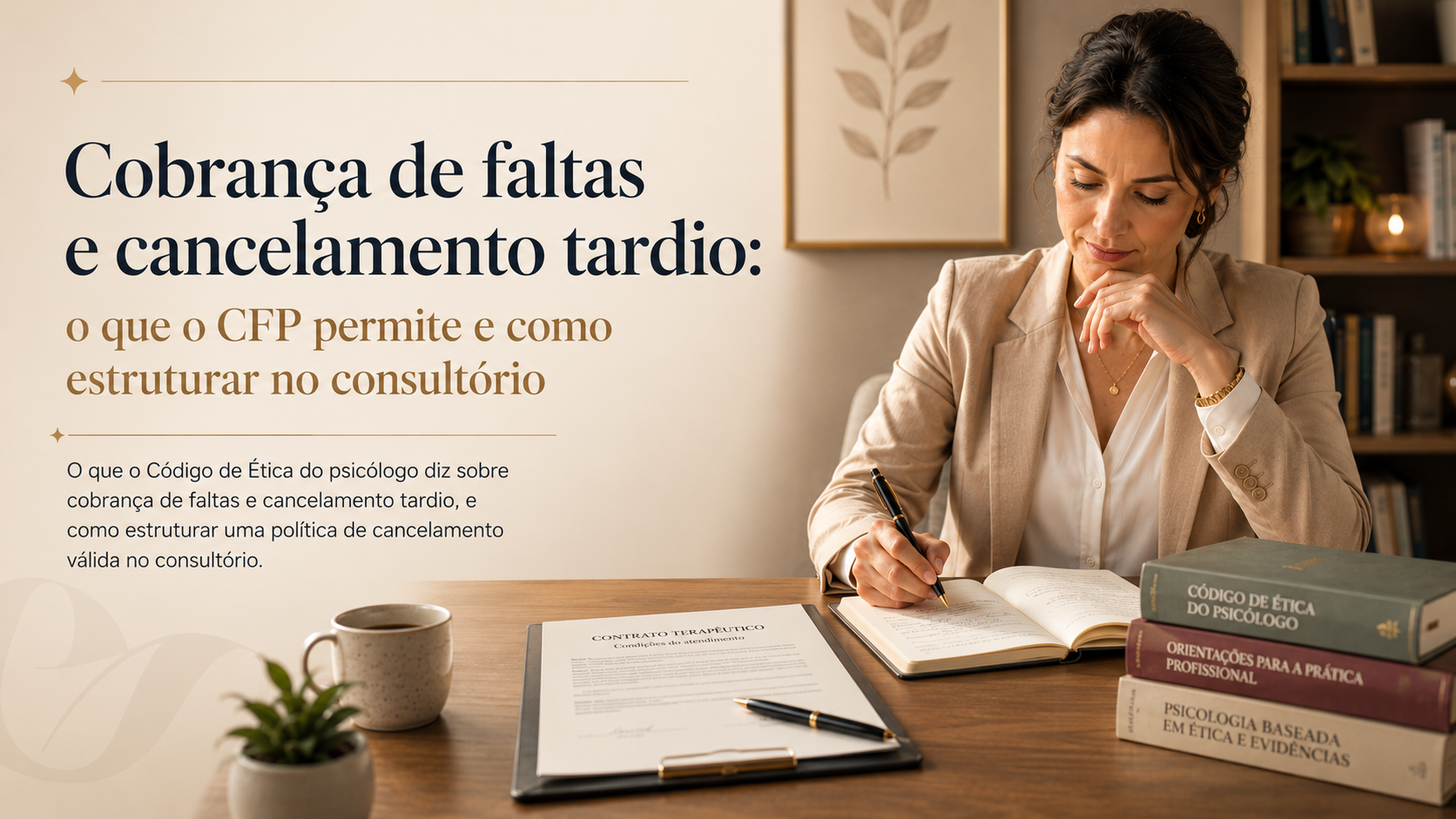 Psicóloga organizando a agenda do consultório com contrato terapêutico sobre a mesa