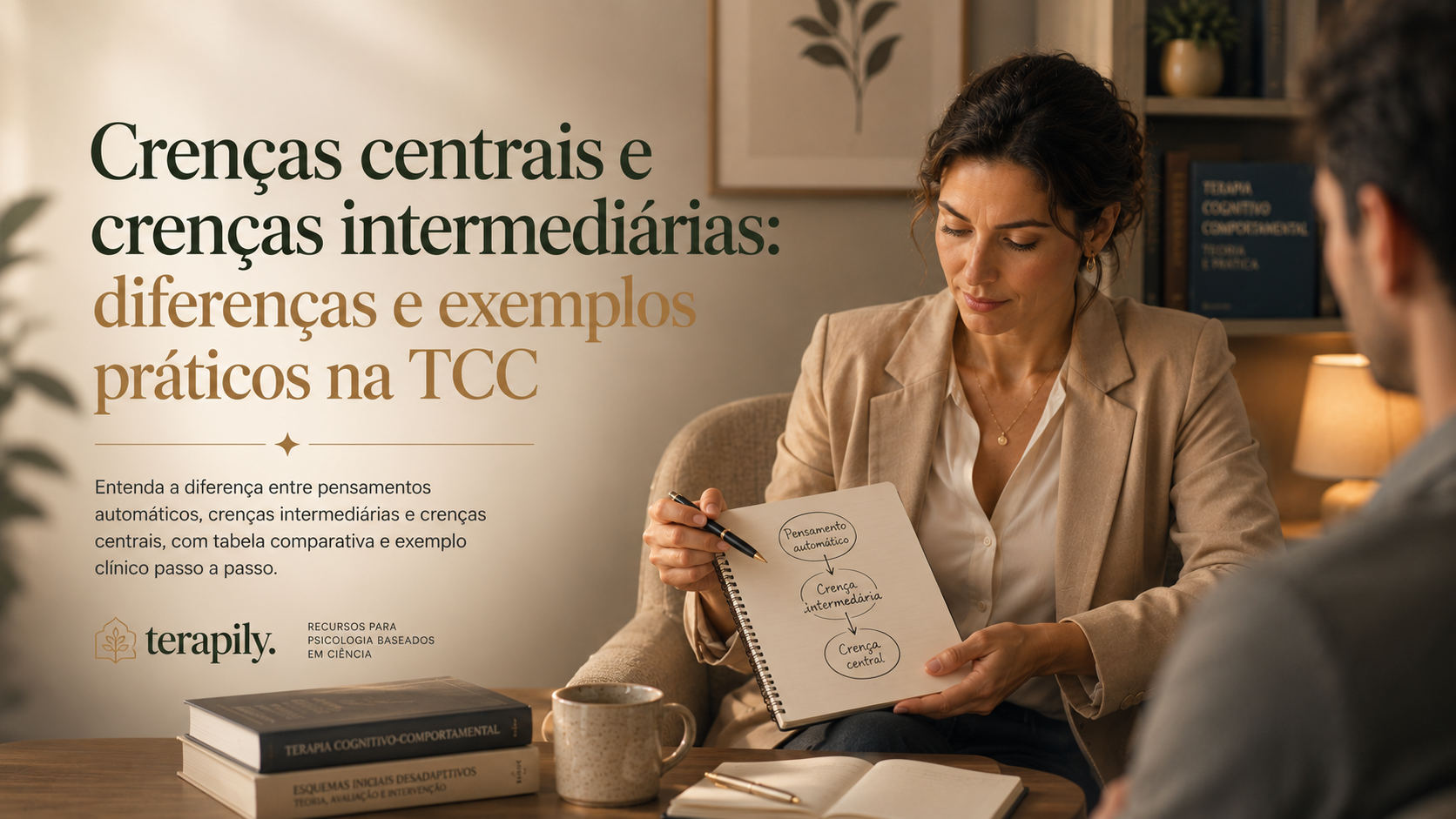 Psicóloga analisando níveis de crenças cognitivas em sessão de terapia cognitivo-comportamental
